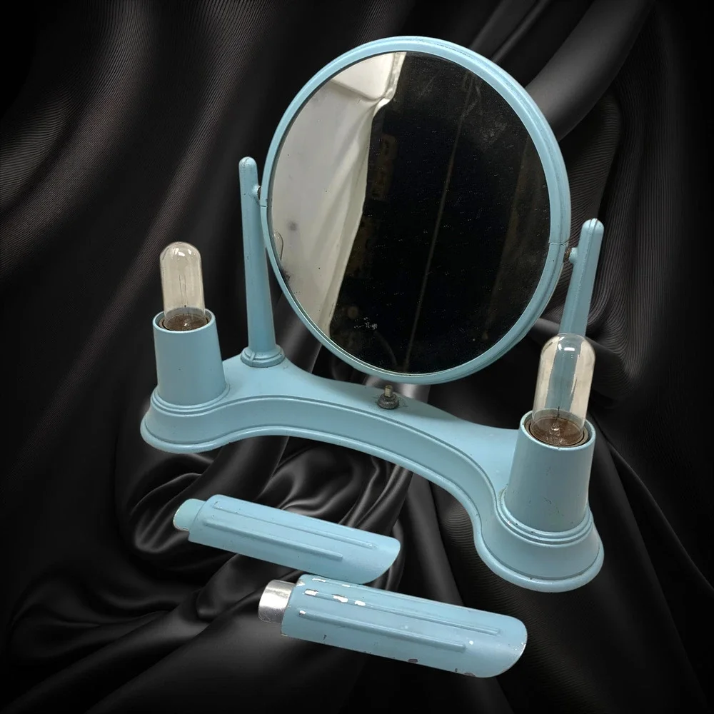 Vintage Bel Ayre Art Deco Boudoir Vanity Mirror Lighted Makeup Powder Blue